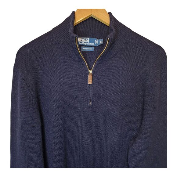 Vtg Polo Ralph Lauren 100% Italian Cashmere 1/4 Zip Sweater Mens Dark Blue - Picture 2 of 9
